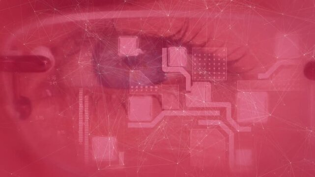 Animation of connections and integrated circuit over eye of caucasian woman