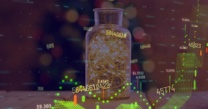Animation of graphs and numbers over glass vase with lights