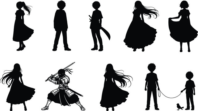Anime character silhouettes set, manga style figures, samurai warrior with sword, girl in dress, boy with bird, fantasy adventure illustration.