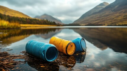 Obraz premium Discarded plastic containers floating on a polluted lake's surface with misty mountains in the background