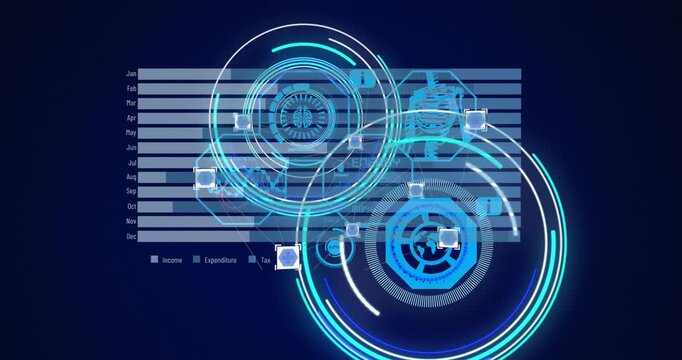 Animation of processing circles and graph on navy background