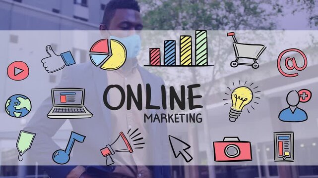 Animation of online marketing and icons over african american businessman in face mask