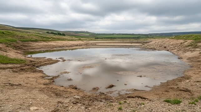 Contaminated water gathers in muddy earth near a small dam under an overcast sky, reflecting the muted light.
