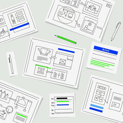 Web design and development process displayed on multiple sketches and wireframes showing interface elements and active layouts. © Rimon