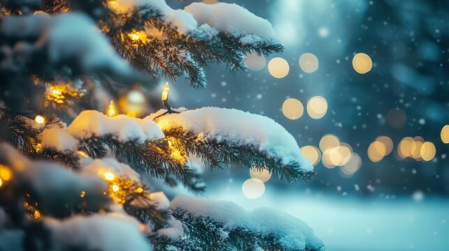 Glowing Christmas lights adorn snow covered tree branches creating a warm winter wonderland scene