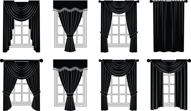 Collection of black curtain icons with window valances swags and drapery styles for interior home decor design isolated on white