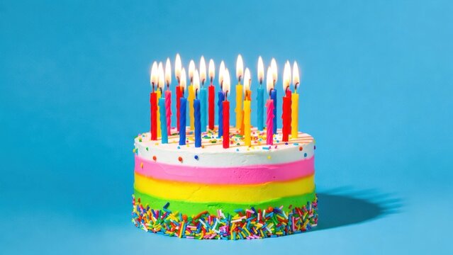 Rainbow cake with lit candles stands against solid blue background