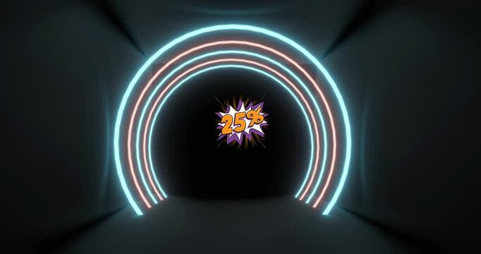 Animation of 25 percent text and neon circles on black background
