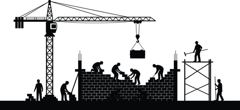 Construction site silhouette with workers building brick wall, tower crane lifting materials, industrial building process, masonry work, engineering development, architecture project.