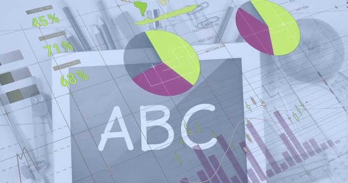 Animation of infographic interface over digital tablet screen with abc text and stationery on table
