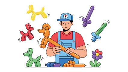 Balloon Artist's Colorful Creations: A skilled balloon artist stands proudly amidst their vibrant balloon sculptures, showcasing the whimsical artistry of creating playful figures. © Mohiuddin123
