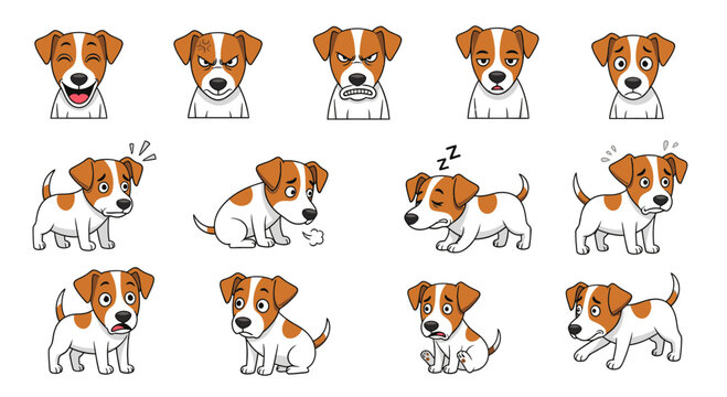 Cute cartoon Parson Russell Terrier displaying various emotions and actions  