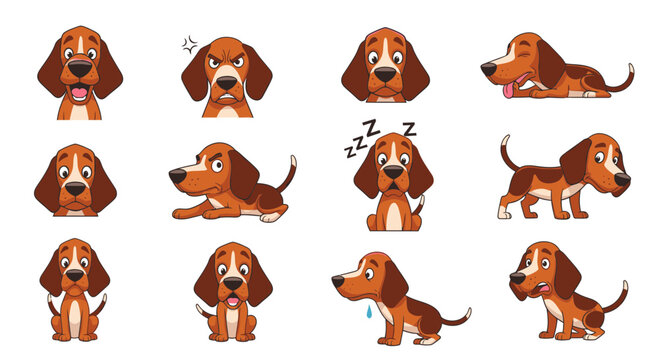 Cartoon Redbone Coonhound showing various emotions and actions  