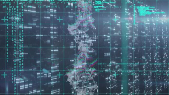 Animation of data processing and moving columns over dna strand on black background
