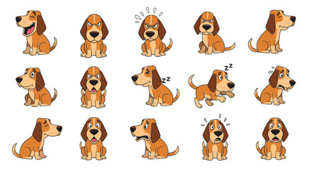 Fototapeta premium Cartoon Plott Hound expressing different emotions and actions in design 