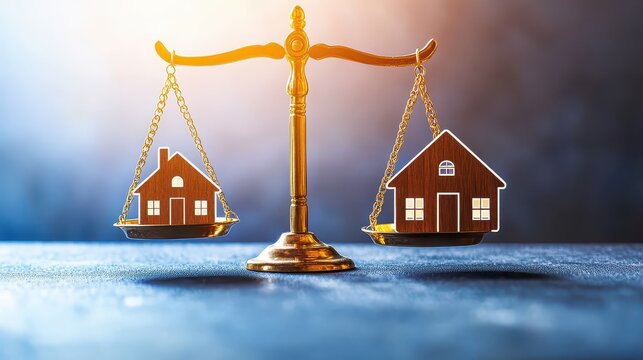Legal Scales Balancing House Icons Representing Property Law and Real Estate Justice