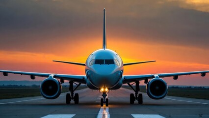 Naklejka premium Airplane stands bold on runway at sunset's glow