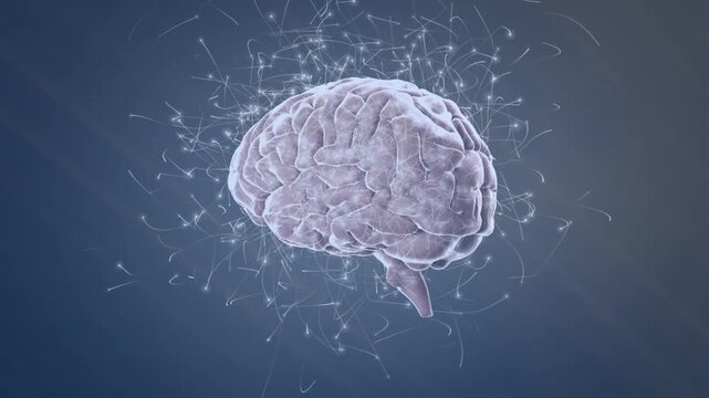Animation of brain rotating over green and black background with neural connections