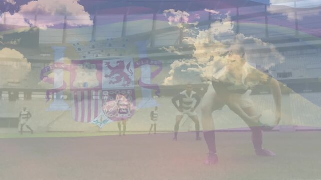 Animation of flag of spain over diverse rugby players at stadium