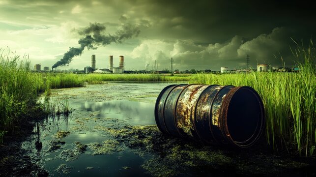 Rusty industrial waste barrels polluting a murky lake near a smoking factory under a cloudy rural sky