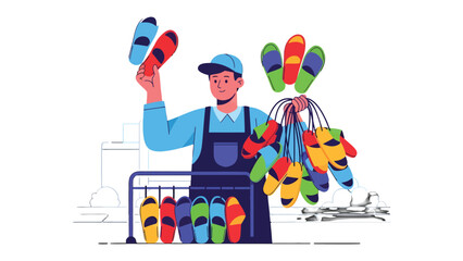 Shopkeeper with Flip-flops: A shopkeeper stands proudly, showcasing a vibrant array of colorful flip-flops, ready for customers. © Murshida