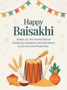 Happy Baisakhi harvest festival greeting card with dhol, wheat stalks, earthen pot, and grain bowl &mdash; traditional Punjabi celebration poster wishing joy, prosperity, and abundance
