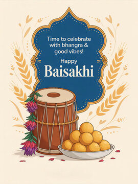 Happy Baisakhi festival celebration poster with dhol, laddoo sweets, and wheat stalks &mdash; vibrant Punjabi harvest festival greeting card with bhangra and traditional Indian festive design