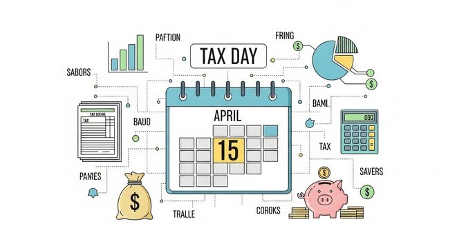 An infographic illustration of tax day on April 15th with various financial elements