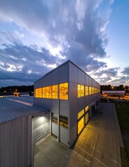 Fototapeta premium Modern Industrial Building at Dusk - Illuminated Windows and Cloudy Sky.