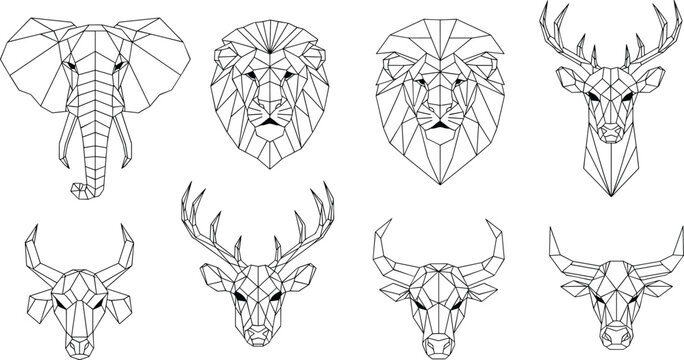 Flat vector illustration of geometric animal heads, polygonal line art, elephant, lion, deer, bull, modern low‑poly design
