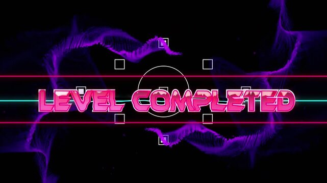 Animation of glitch effect over level completed text banner against purple digital waves