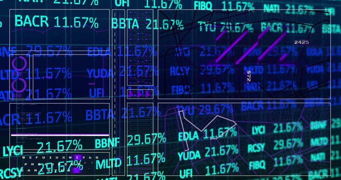Animation of blue and pale blue stock market data processing over a grid