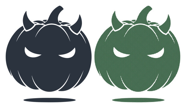 Spooky devil pumpkins with horns and glowing eyes on a white background