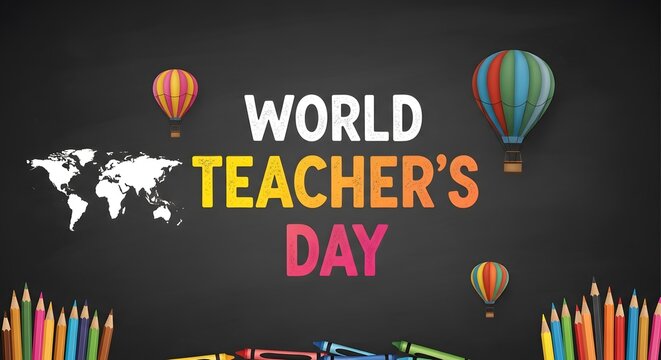 World teacher's day celebration with colorful hot air balloons and educational elements