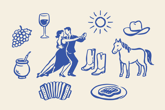 Argentina culture doodle icon set hand drawn vector illustration