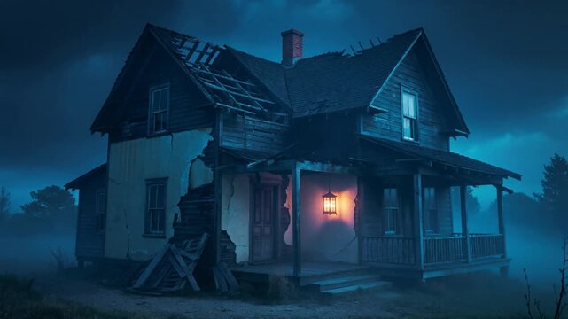 Abandoned house at night with a glowing window