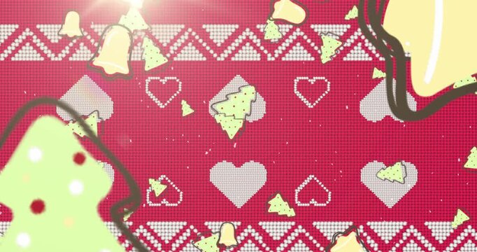 Animation of bells and trees falling over christmas pattern and decorations