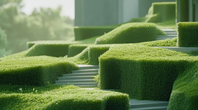 Sustainable Green Architecture Featuring Sculpted Hedges and Outdoor Steps in a Residential Eco-Friendly Landscape