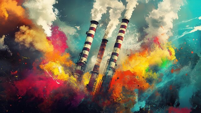 Vibrant colorful smoke billows from industrial factory chimneys, symbolizing pollution and industrial impact.
