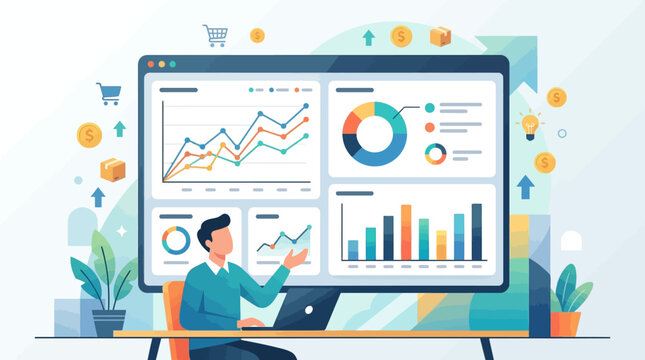 Business Data Analysis Dashboard Illustration with Professional Analyst Tracking E-commerce Sales and Financial Metrics