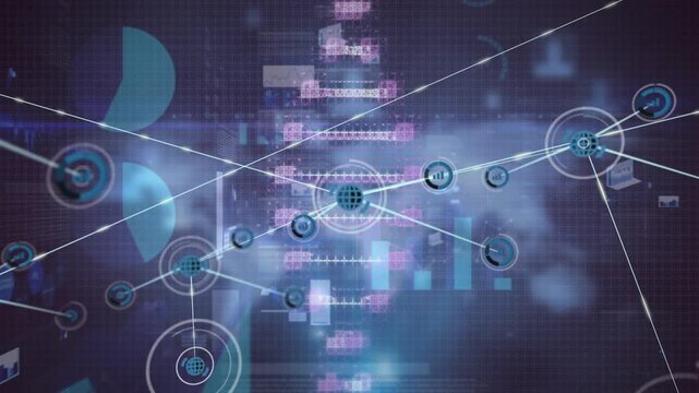 Animation of network of digital icons over spinning dna structure and statistical data processing