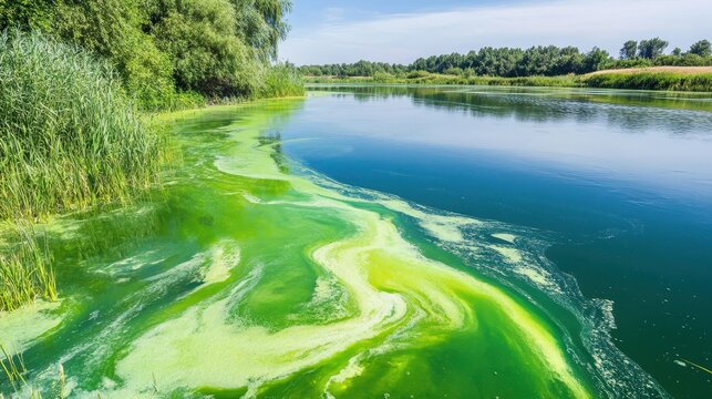 Vibrant green algae bloom forming swirling patterns on the surface of a small pond with a lush forest background