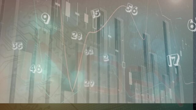 Animation of statistical data processing and microprocessor connections against grey background