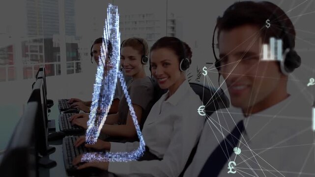 Animation of globe of digital icons over team of diverse customer care executives working