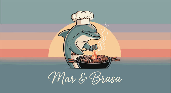 Cartoon dolphin chef wearing white hat grilling fish and meat on a barbecue with sunset beach background for restaurant logo