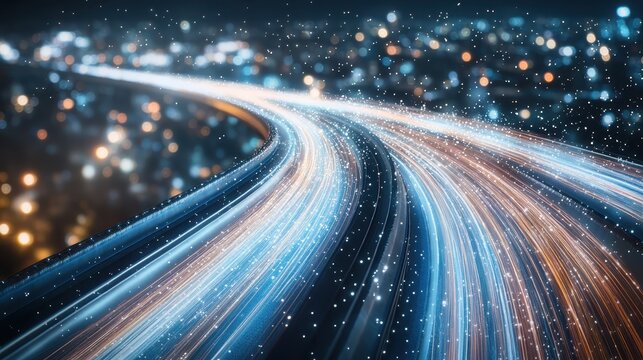 Vibrant light trails weaving through a futuristic night city, showcasing the speed of modern transportation and digital connectivity.