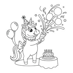 Fototapeta premium Unicorn celebrating birthday with party popper cake and balloons in cartoon style