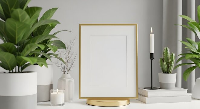 Blank golden picture frame mockup with plants and candle