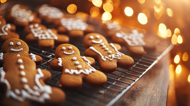 Warmly Decorated Gingerbread Cookies Cooling on a Rack with Festive Bokeh Lights