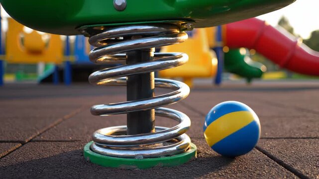 Colorful playground spring rider with metallic coil and green seat, accompanied by a blue and yellow beach ball on rubber flooring in a vibrant outdoor play area